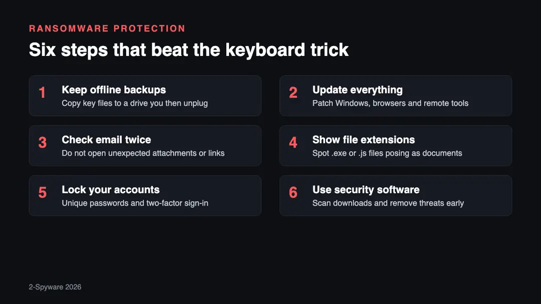 Six steps that matter more than any keyboard setting Six steps that protect against ransomware better than a Russian keyboard: backups, updates, email care, extensions, accounts and security software