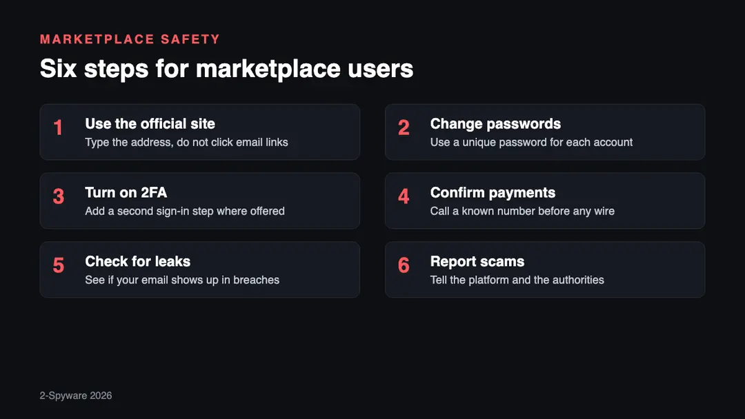 Six steps to stay protected on online equipment marketplaces Six steps for buyers and sellers on online equipment marketplaces after a ransomware attack: verify, change passwords, use 2FA, confirm payments, check leaks, report