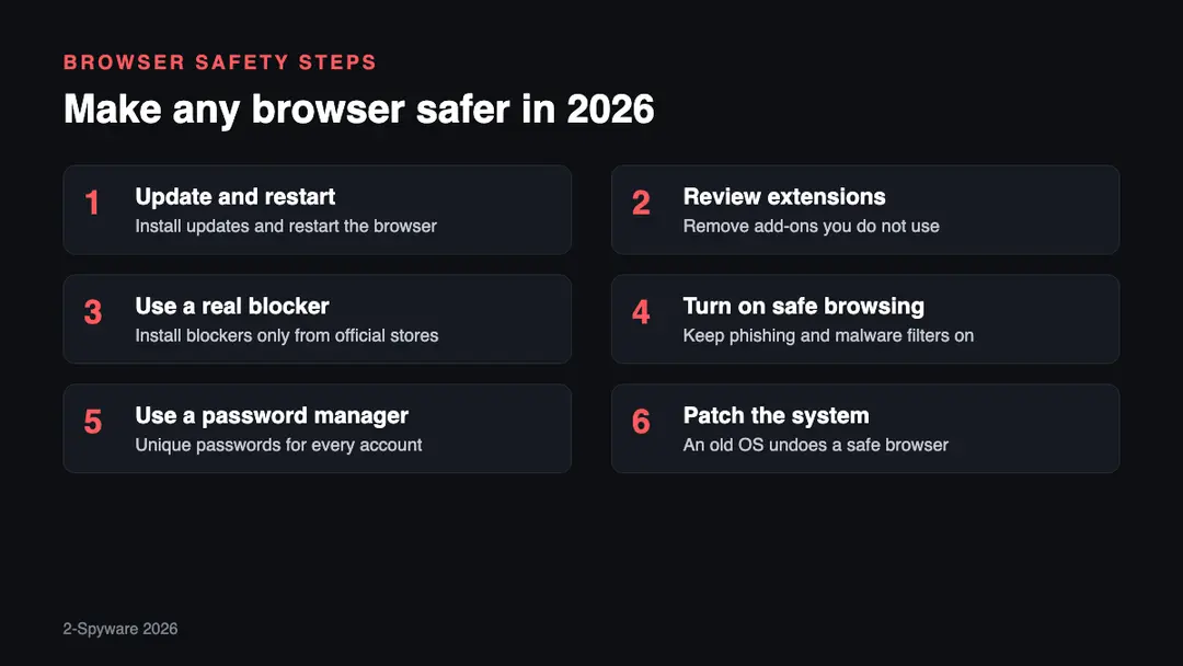 Six steps to make a web browser safer in 2026: update and restart, check extensions, use a trusted blocker, turn on safe browsing, use a password manager, keep the system updated