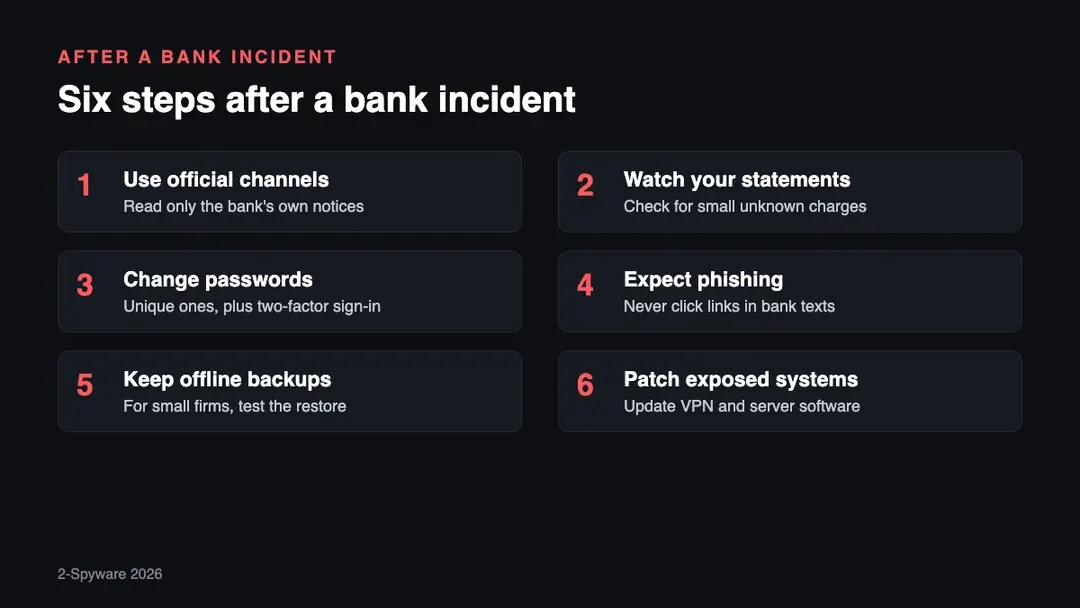 Six steps after a bank ransomware incident: use official channels, watch statements, change passwords, expect phishing, keep offline backups, patch exposed systems