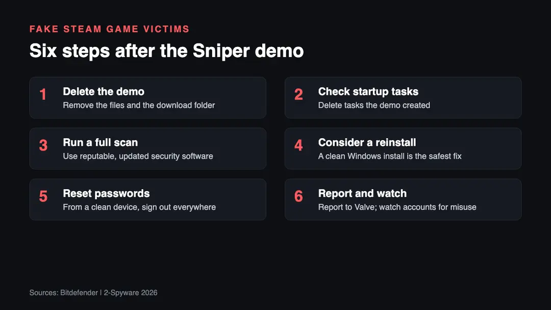 Six steps for anyone who installed the Sniper: Phantom's Resolution demo Six steps for anyone who ran the Sniper Phantom's Resolution demo: remove files, check startup tasks, scan, reinstall, reset passwords, report