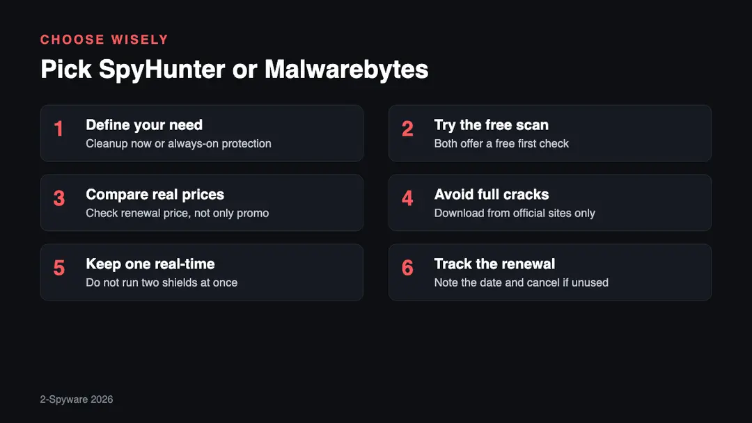 Six steps to choose between SpyHunter and Malwarebytes Six steps to choose between SpyHunter and Malwarebytes in 2026: define the need, try the free scan, check the price, avoid cracks, keep one real-time tool and track renewal