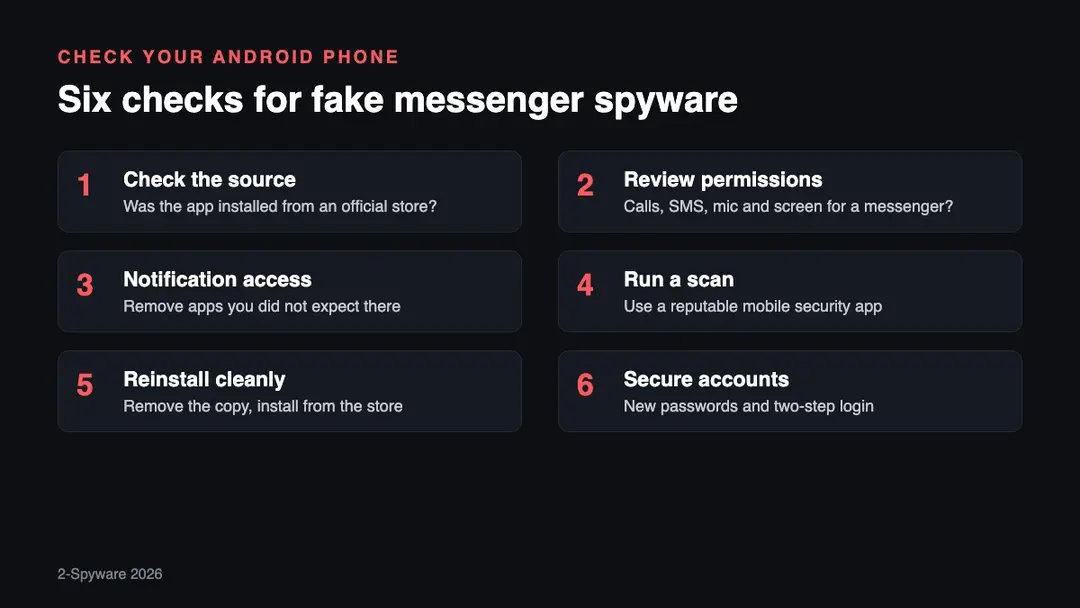 Six checks against fake Telegram and Threema spyware Six steps to check an Android phone for fake Telegram or Threema spyware: check the source, review permissions, check notification access, scan, reinstall from the store, secure accounts