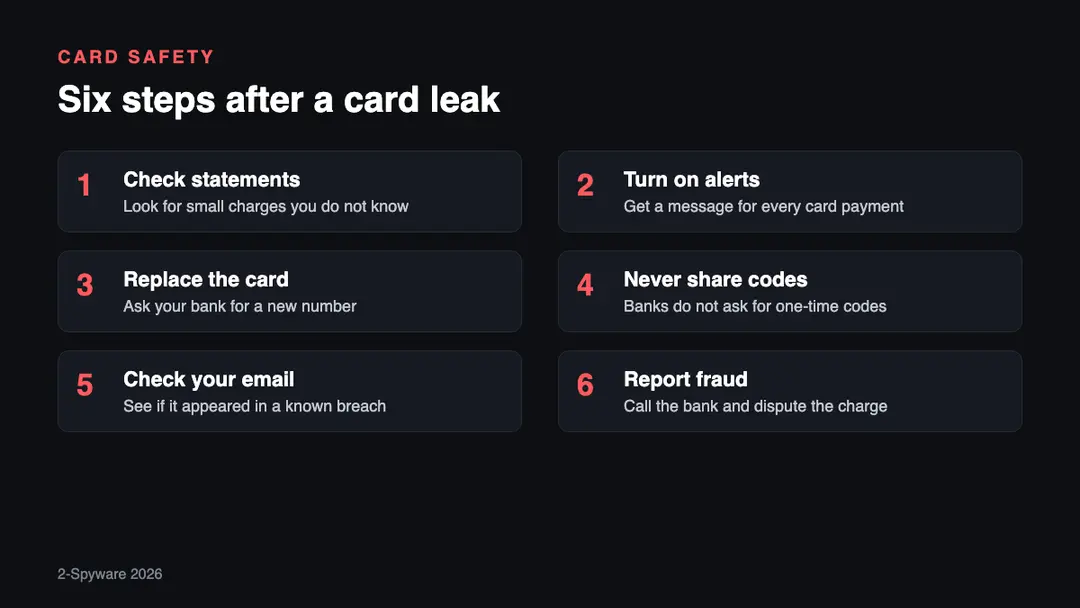 Six steps to protect your payment cards after a leak Six steps to protect payment cards after a dark web card leak: check statements, turn on alerts, replace the card, never share codes, check your email, report fraud