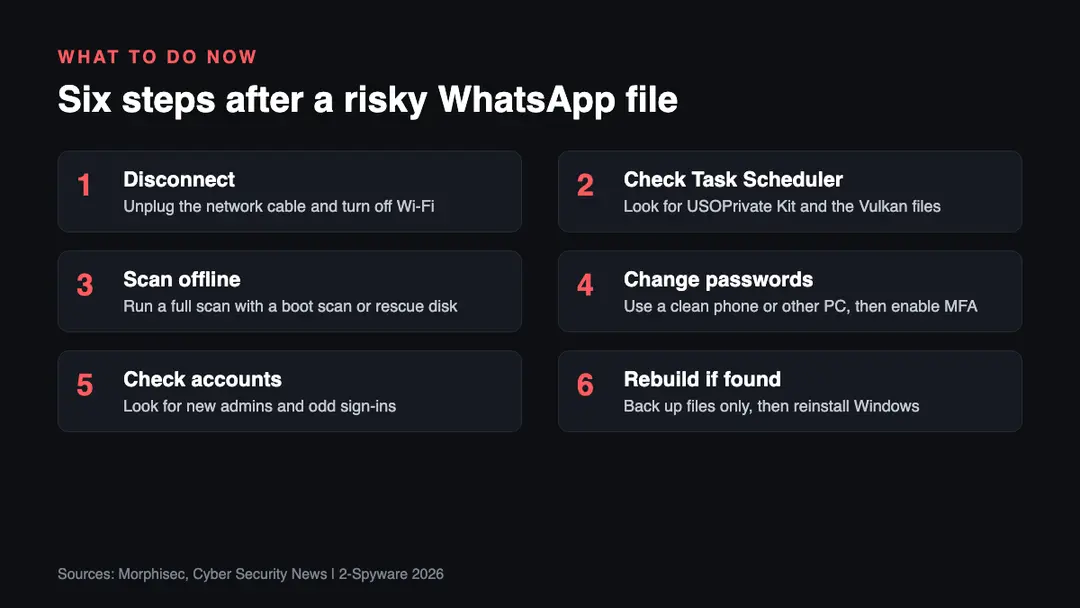 The six steps in one picture Six steps after a suspicious WhatsApp attachment on Windows: disconnect, check Task Scheduler, scan offline, change passwords from a clean device, check accounts, rebuild if infected