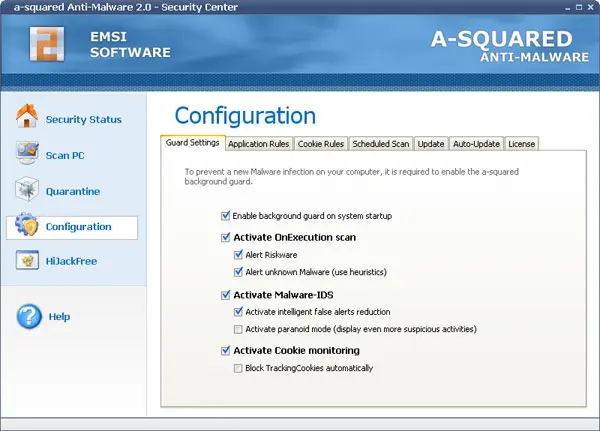 a-squared Anti-Malware 2.0 Configuration Guard Settings tab from 2006 with OnExecution scan, Malware-IDS and Cookie monitoring options