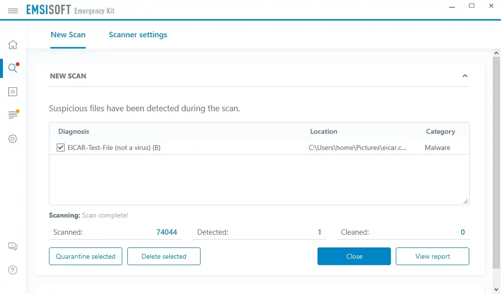 Emsisoft Emergency Kit scan result window listing the EICAR test file as malware with Quarantine selected and Delete selected buttons