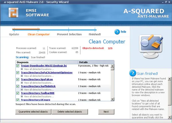 a-squared Anti-Malware 2.0 Clean Computer wizard from 2006 listing 329 detected objects such as Trojan-Downloader and SurfSideKick traces