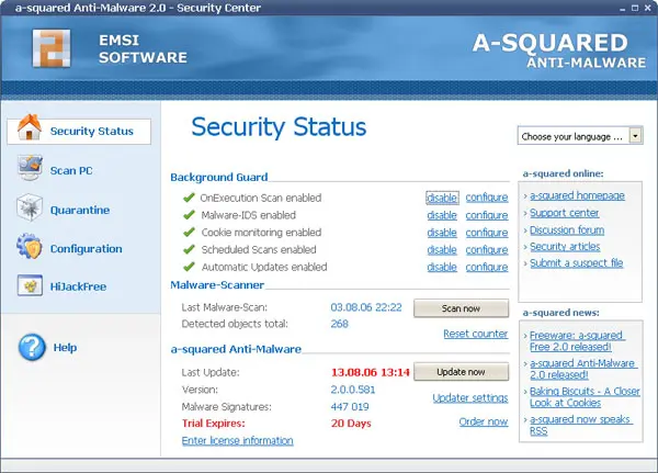 a-squared Anti-Malware 2.0 Security Center from 2006 showing the background guard parts, 447,019 signatures and a trial that expires in 20 days
