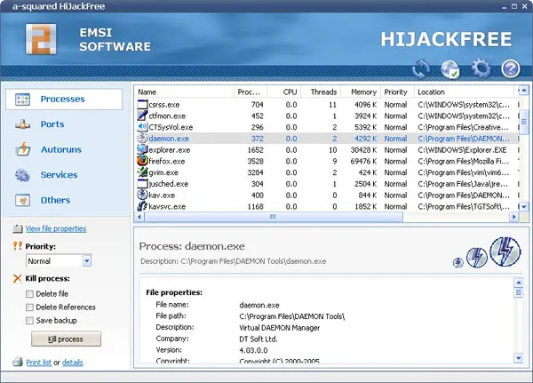 a-squared HiJackFree from 2006 with the Processes list, file properties for daemon.exe and the Kill process options