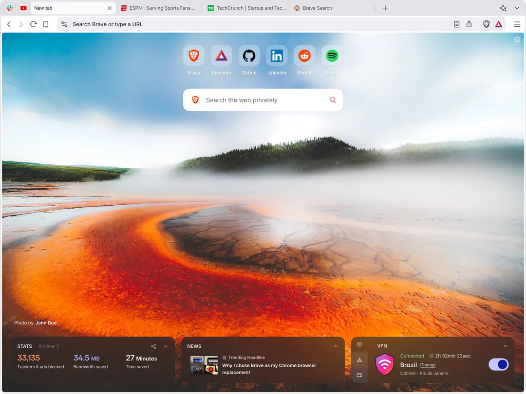 Brave browser new tab page with shortcut icons, a private search box, and stats, news and VPN panels along the bottom