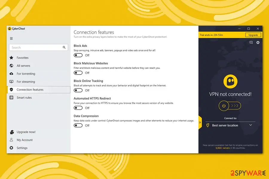 Connection features in the older CyberGhost Windows app from our earlier test Older CyberGhost VPN Windows app showing connection features for ad, malicious website and tracker blocking, HTTPS redirect and data compression