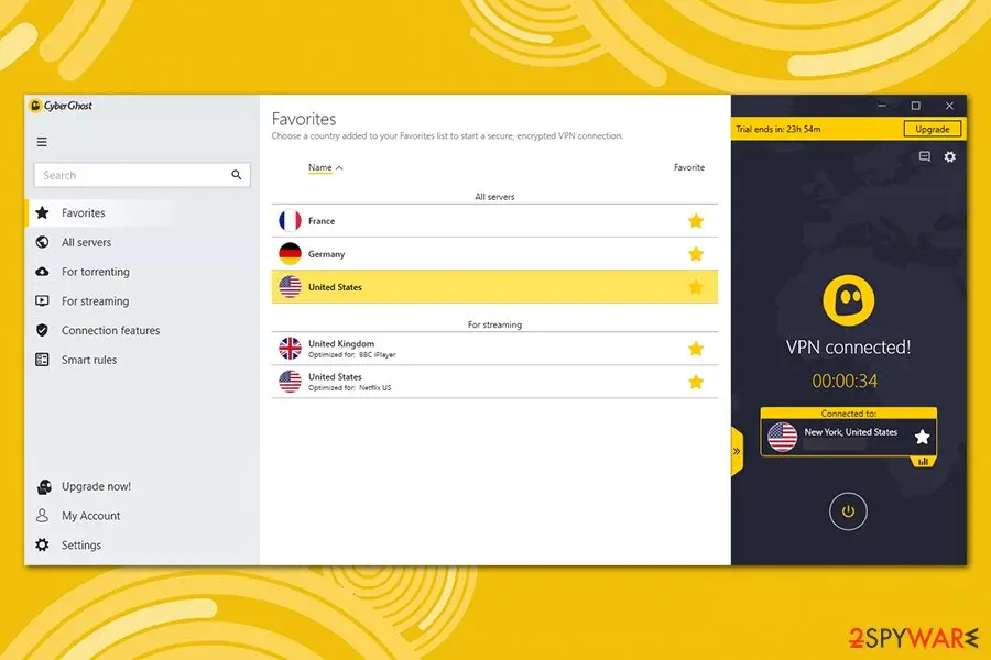 The older CyberGhost Windows app from our earlier test, with favorites and streaming-optimized servers Older CyberGhost VPN Windows app connected to New York with favorite countries and streaming servers for BBC iPlayer and Netflix US