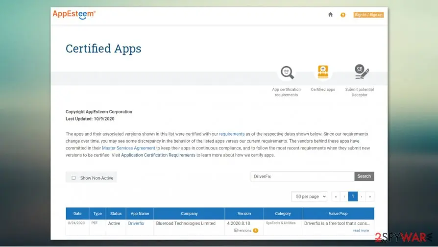 Our 2020 capture of the AppEsteem certified apps list: DriverFix, active, version 4 AppEsteem certified apps list from 2020 showing DriverFix by Blueroad Technologies Limited with active status and version 4.2020.8.18