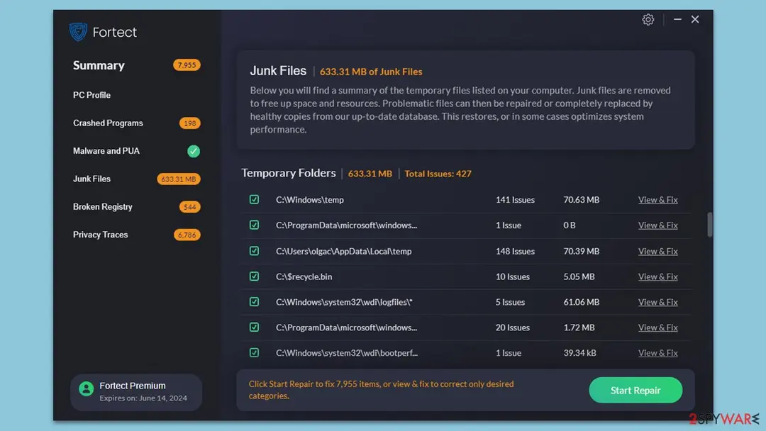 Junk Files shows every temporary folder with its size before anything is removed Fortect Junk Files screen listing Windows temp folders, recycle bin and log files with their sizes