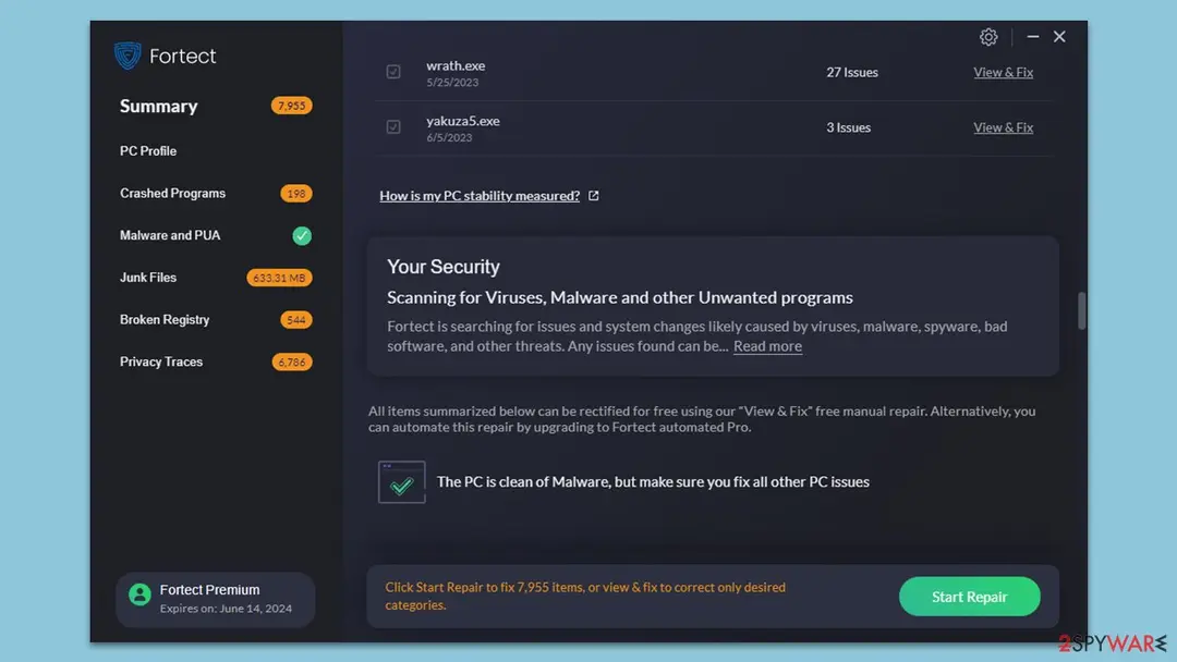 The Malware and PUA stage looks for threats and for the system changes they leave behind Fortect Malware and PUA scan result reporting the test PC clean of malware with other issues left to fix
