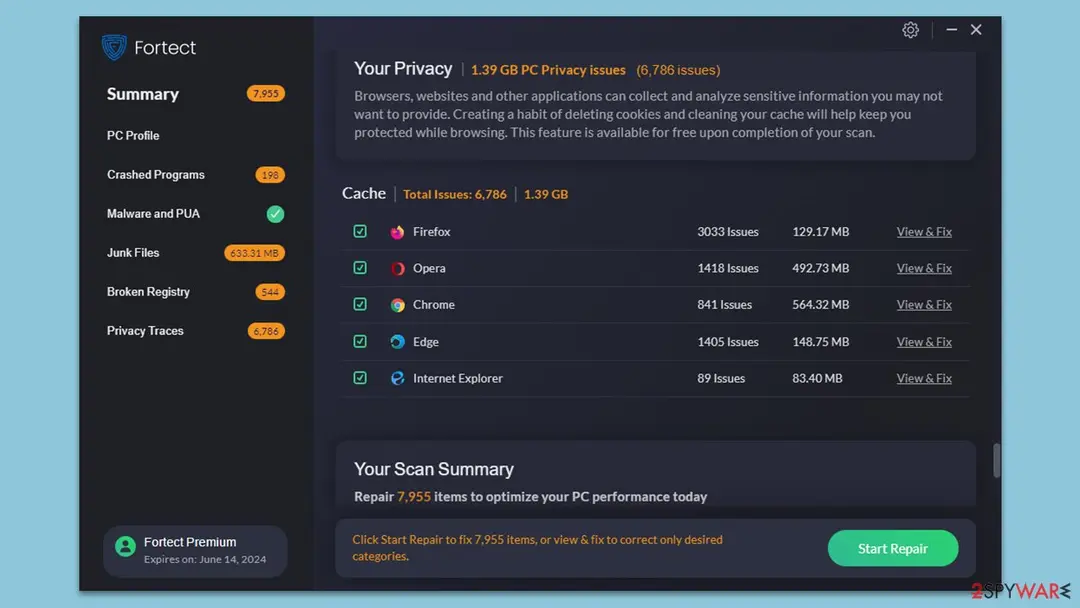 Privacy Traces lists browser caches per browser; the app marks this cleanup as free after the scan Fortect Privacy Traces screen showing cache size and item counts for Firefox, Opera, Chrome and Edge