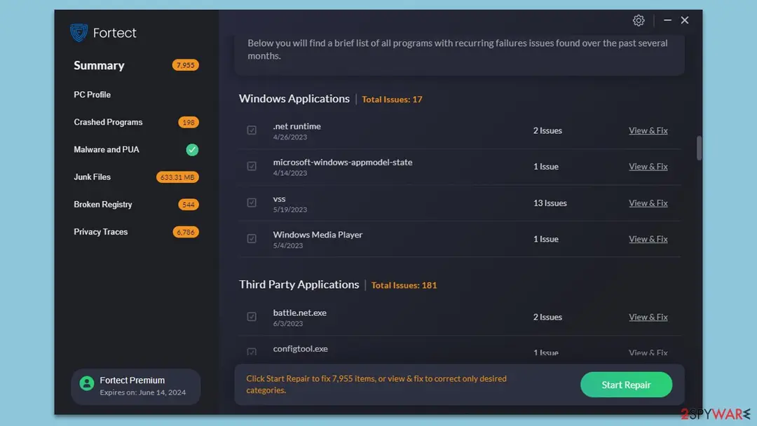 Crashed Programs lists apps with recurring failures, split into Windows and third-party software Fortect Crashed Programs results splitting recurring failures into Windows and third-party applications