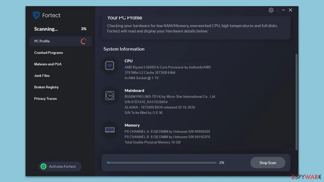 The PC Profile stage reads your hardware first, so you can tell software problems from hardware limits Fortect PC Profile screen listing the processor, mainboard and memory of the test computer during a scan