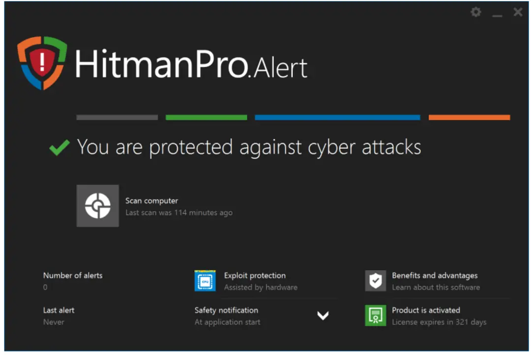 The standard interface of HitmanPro HitmanPro.Alert main window with the message You are protected against cyber attacks, a Scan computer button, alert counters and license status