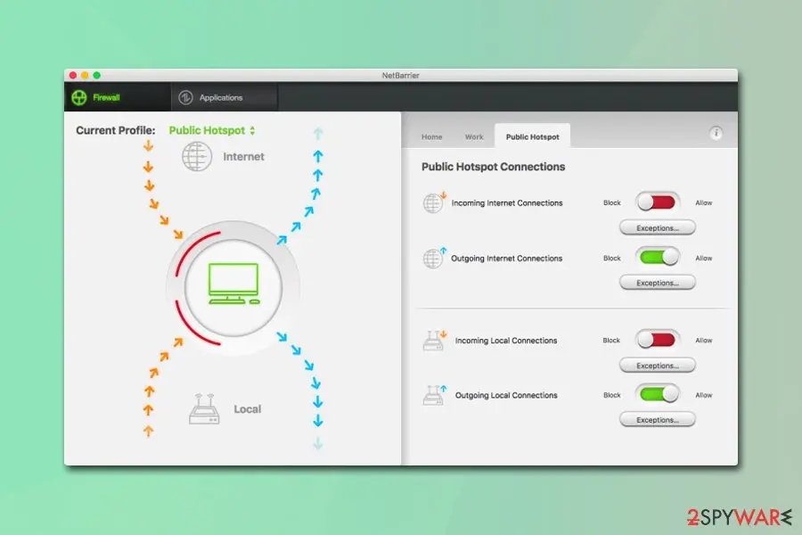 NetBarrier X9 in Public Hotspot mode Intego NetBarrier X9 firewall window with the Public Hotspot profile blocking incoming connections