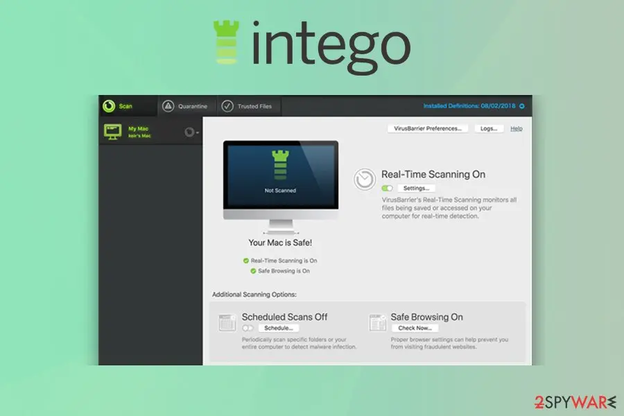 VirusBarrier X9, the antivirus that preceded Intego ONE, with real-time scanning and safe browsing turned on Intego VirusBarrier X9 main window showing real-time scanning on, safe browsing on and scheduled scans