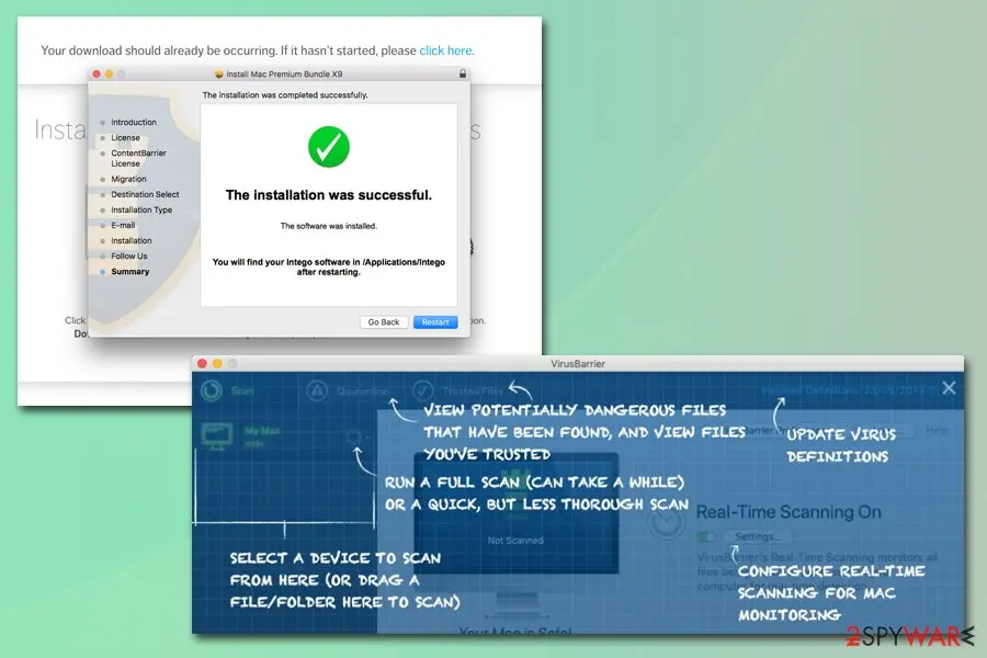 The X9 installer and its overlay tips Intego Mac Premium Bundle X9 installer success screen with VirusBarrier overlay tips explaining scans and settings