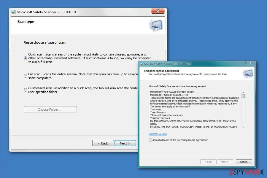 Microsoft Safety Scanner scan type screen with Quick, Full and Customized scan options next to the end user license agreement window