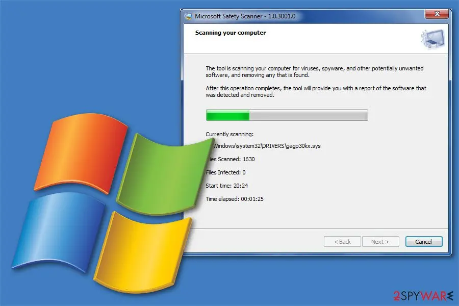 Microsoft Safety Scanner version 1.0.3001.0 scanning a Windows 7 test PC, showing files scanned, files infected and time elapsed