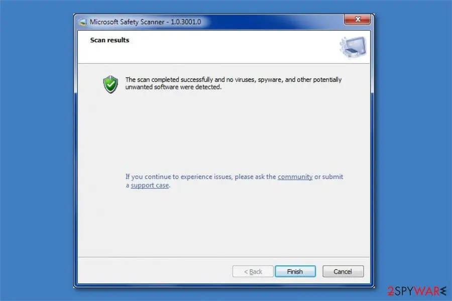 Microsoft Safety Scanner scan results screen saying the scan completed and no viruses, spyware or potentially unwanted software were detected
