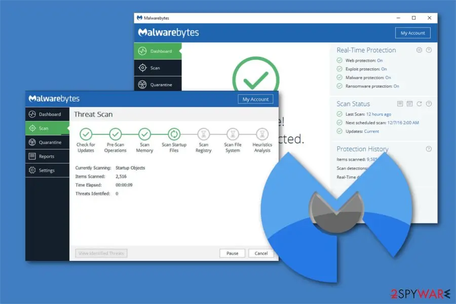 Malwarebytes threat scan in progress next to the Malwarebytes dashboard showing real-time protection status, from an earlier 2-spyware test
