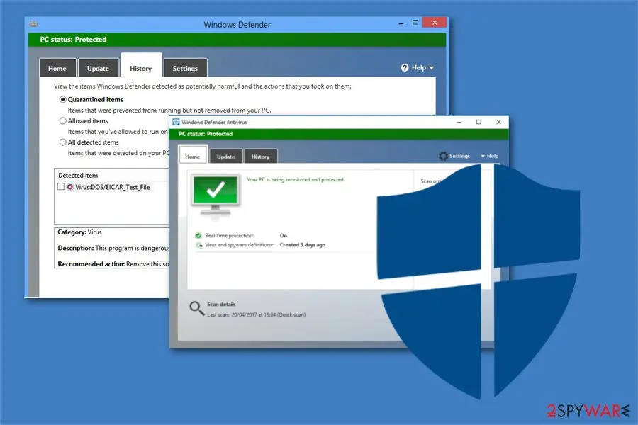 Windows Defender history tab with a quarantined EICAR test file next to the Windows Defender Antivirus home screen showing real-time protection on
