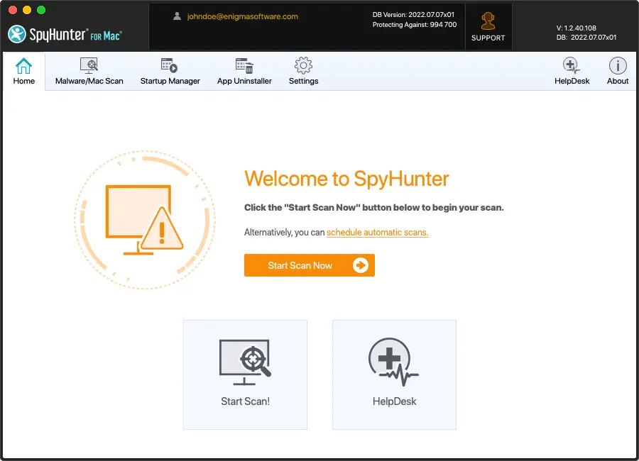 SpyHunter for Mac home screen, as published by EnigmaSoft SpyHunter for Mac home screen with Start Scan Now, Malware and Mac Scan, Startup Manager, App Uninstaller and HelpDesk buttons