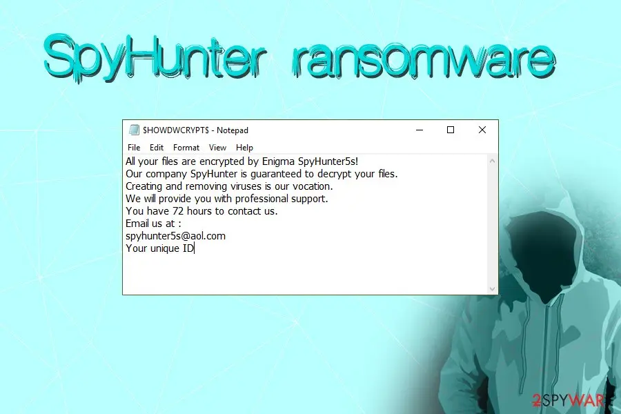The ransom note of SpyHunter ransomware, a 2019 threat that abused the SpyHunter name Ransom note of the fake SpyHunter ransomware in Notepad, claiming files were encrypted by Enigma SpyHunter5s and giving an email contact