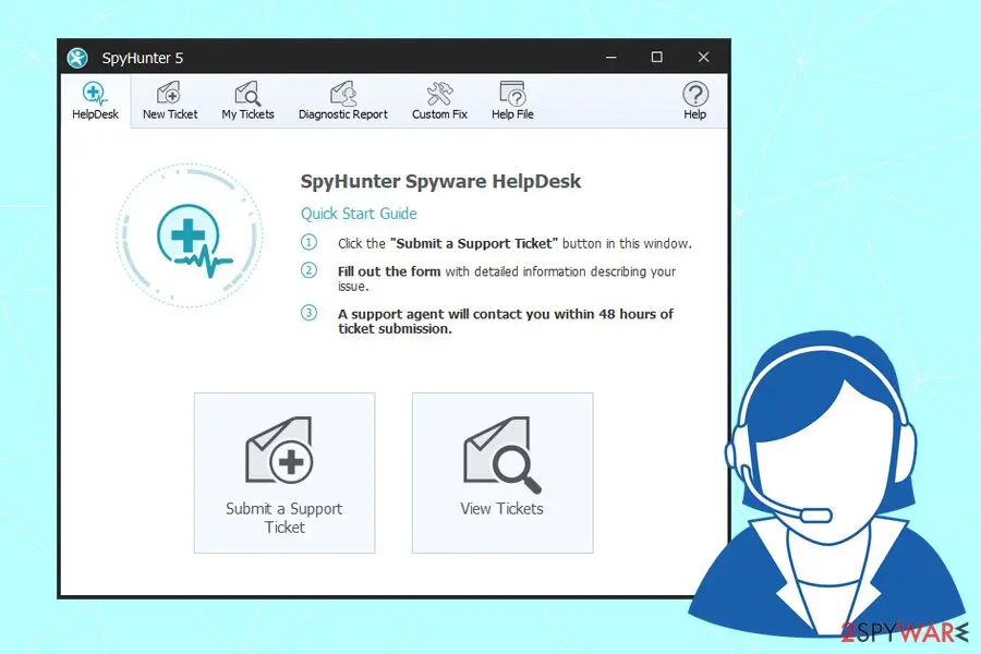 The Spyware HelpDesk inside SpyHunter 5, from our earlier test SpyHunter 5 Spyware HelpDesk window with buttons to submit a support ticket and view tickets, plus Diagnostic Report and Custom Fix tabs