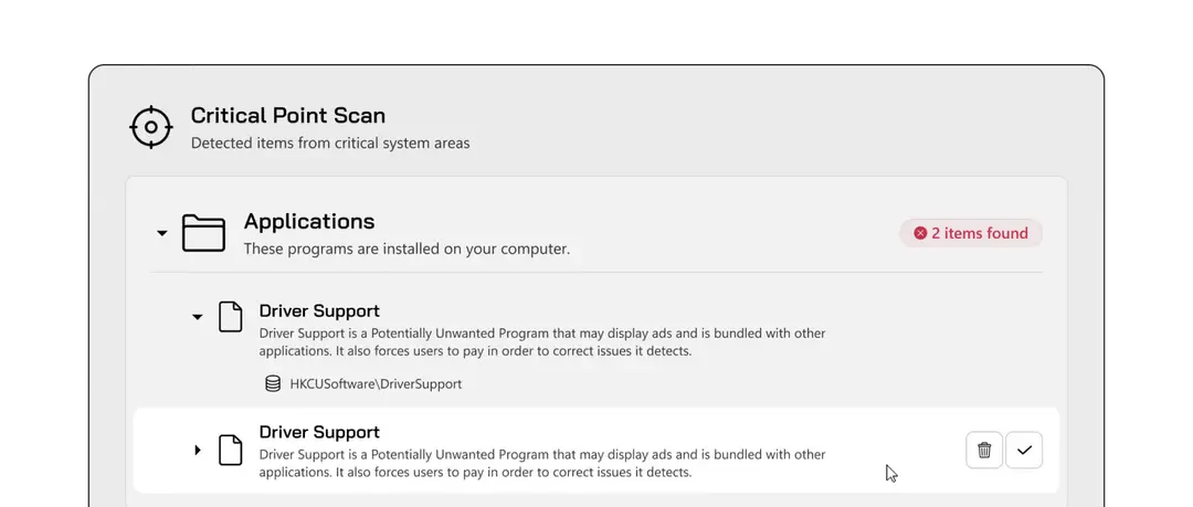 SUPERAntiSpyware Critical Point Scan results listing two Driver Support entries flagged as a potentially unwanted program with delete and allow buttons