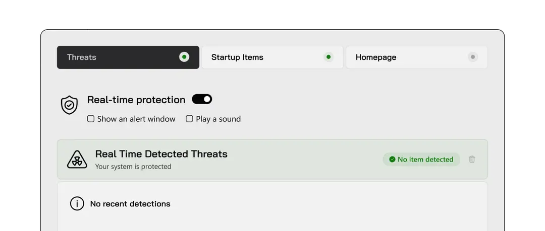 SUPERAntiSpyware real-time protection settings with Threats, Startup Items and Homepage tabs and a list of real-time detected threats