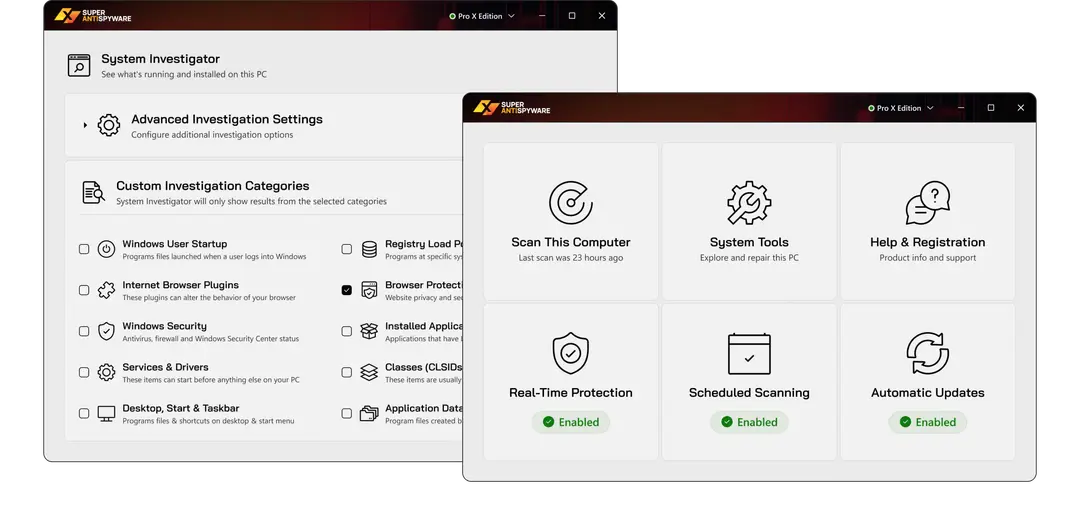 SUPERAntiSpyware System Investigator with categories such as Windows User Startup, Internet Browser Plugins, Services and Drivers next to the Professional X main window