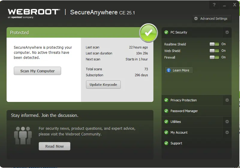 Webroot SecureAnywhere main window showing Protected status, a Scan My Computer button and switches for Realtime Shield, Web Shield and Firewall