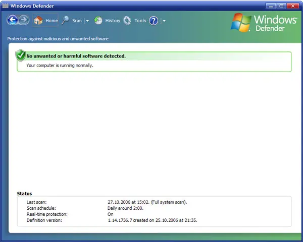 Windows Defender anti-spyware home screen from 2006 showing no unwanted or harmful software detected, a daily scan schedule and definition version 1.14.1736.7
