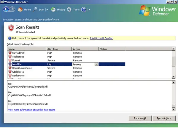 Windows Defender 2006 scan results listing 17 detected items such as SurfSideKick, Toolbar888 and Look2Me with alert levels and Remove actions