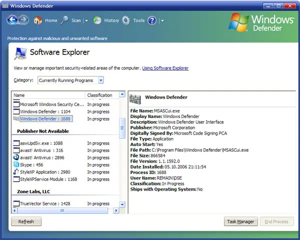 Windows Defender 2006 Software Explorer listing currently running programs with publisher, file path and digital signature details