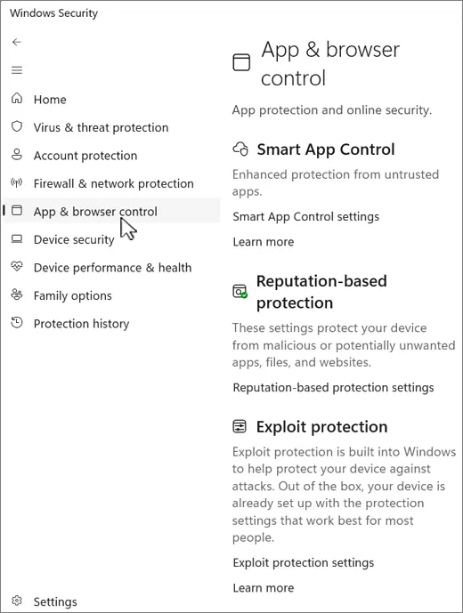 App and browser control page of the Windows Security app on Windows 11 with Smart App Control, Reputation-based protection and Exploit protection sections