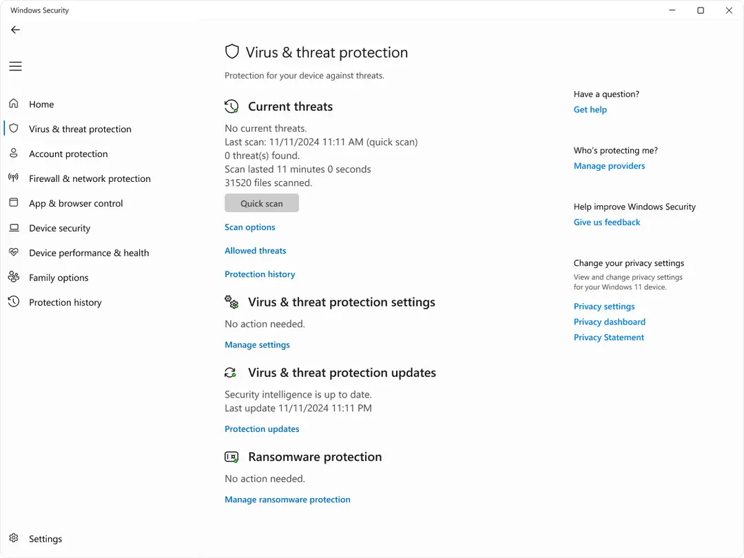 Windows Security app on Windows 11 showing the Virus and threat protection page with current threats, scan options, protection updates and ransomware protection