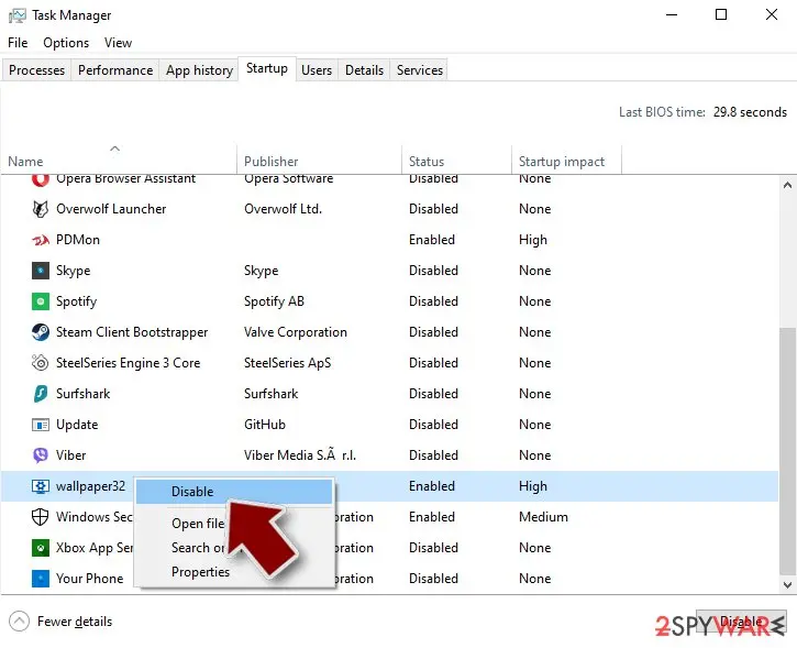 Task Manager Startup tab with a right-click menu on an enabled entry showing Disable