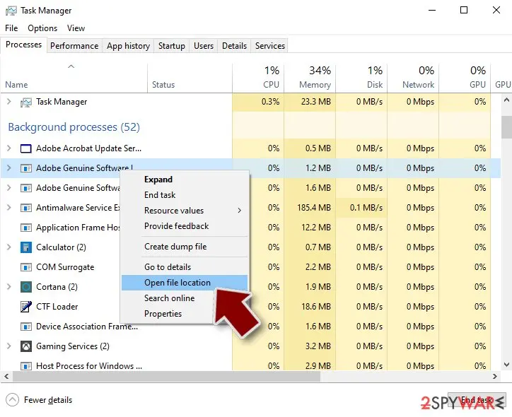 Task Manager Processes tab with a right-click menu on a background process showing Open file location