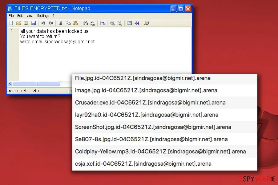 Arena ransomware: virus by dharma malware cybercrime group