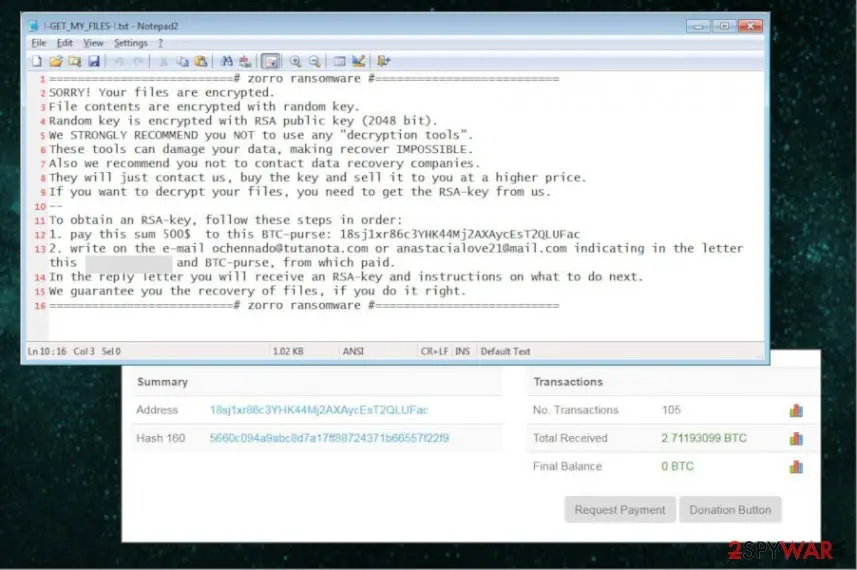 Screenshot of Aurora ransomware: payments