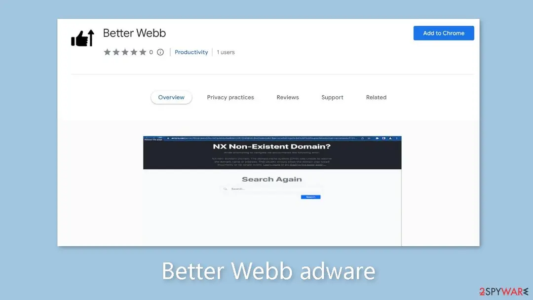 Screenshot of Better Webb: adware