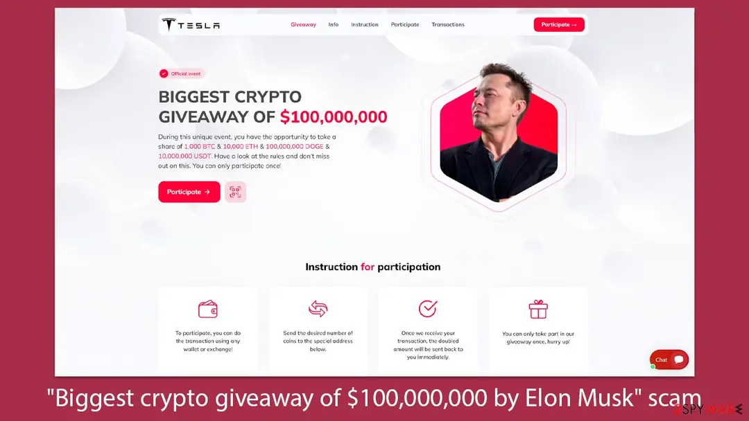 Biggest crypto giveaway of $100,000,000 by Elon Musk," "Tesla crypto giveaway: biggest crypto giveaway of 100000000 by elon musk scam